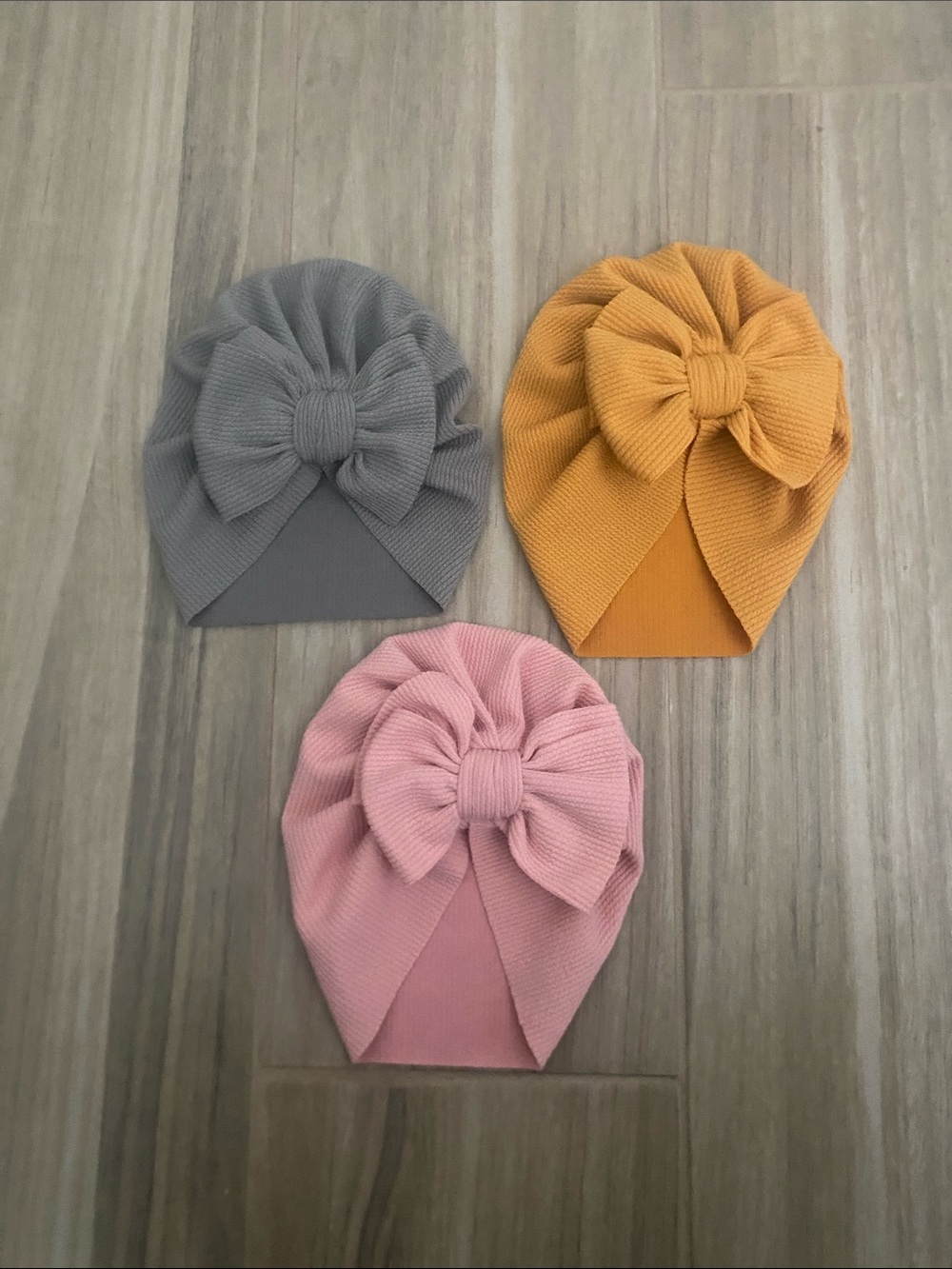 Baby Boden Bow Turban Beanies in Pink, Gray & Mustard